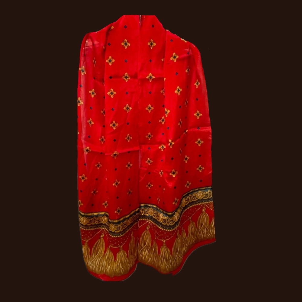 Vintage 90s Red and Gold Patterned Scarf Silk tassel design